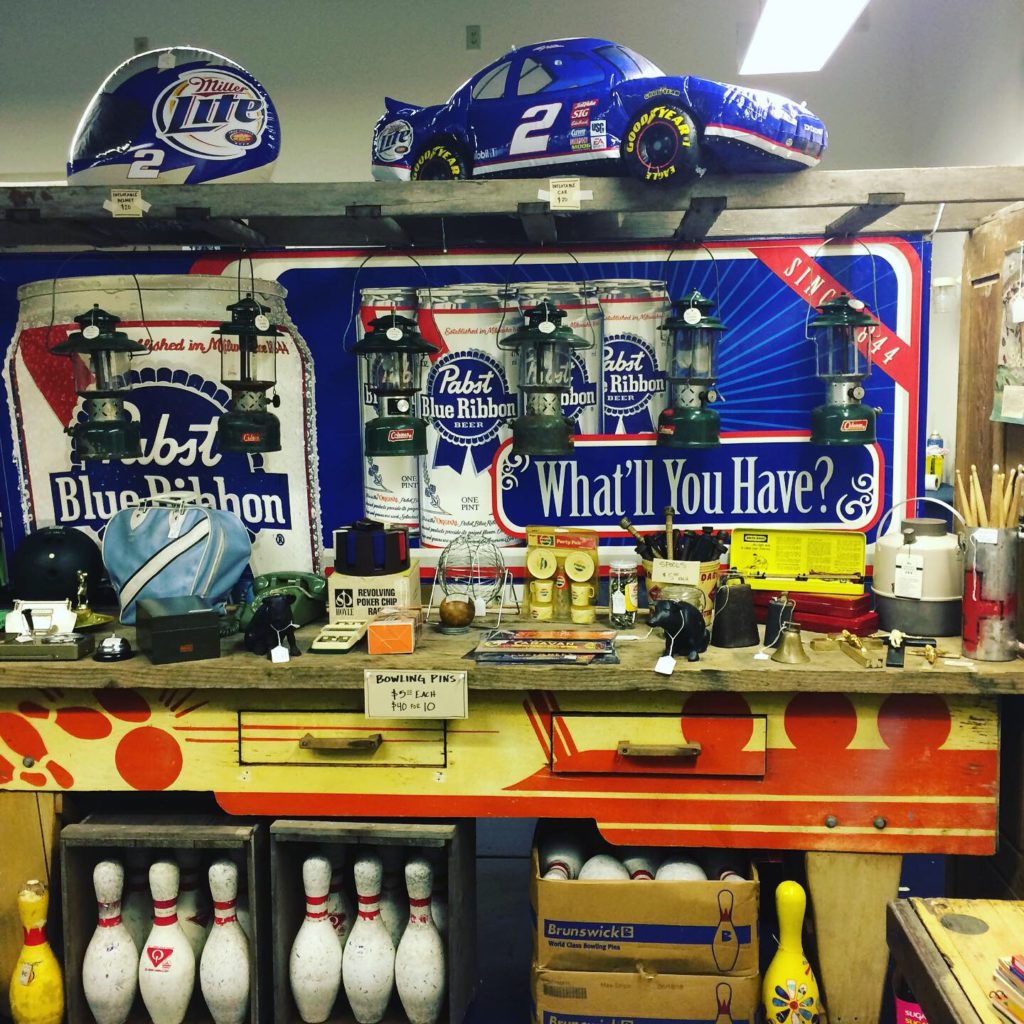 bowling pins and pabst display